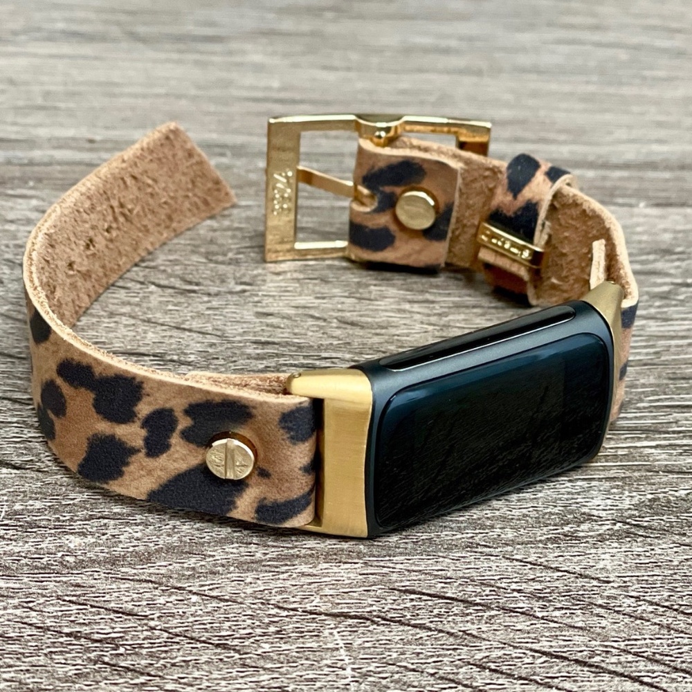 Leopard Print Leather Gold Jewelry Fitbit Charge 5 Band Women Strap Bracelet